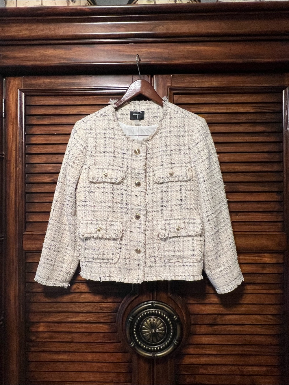 T Tahari Cream Collarless Frayed Tweed Jacket Boucle Women’s Size 12